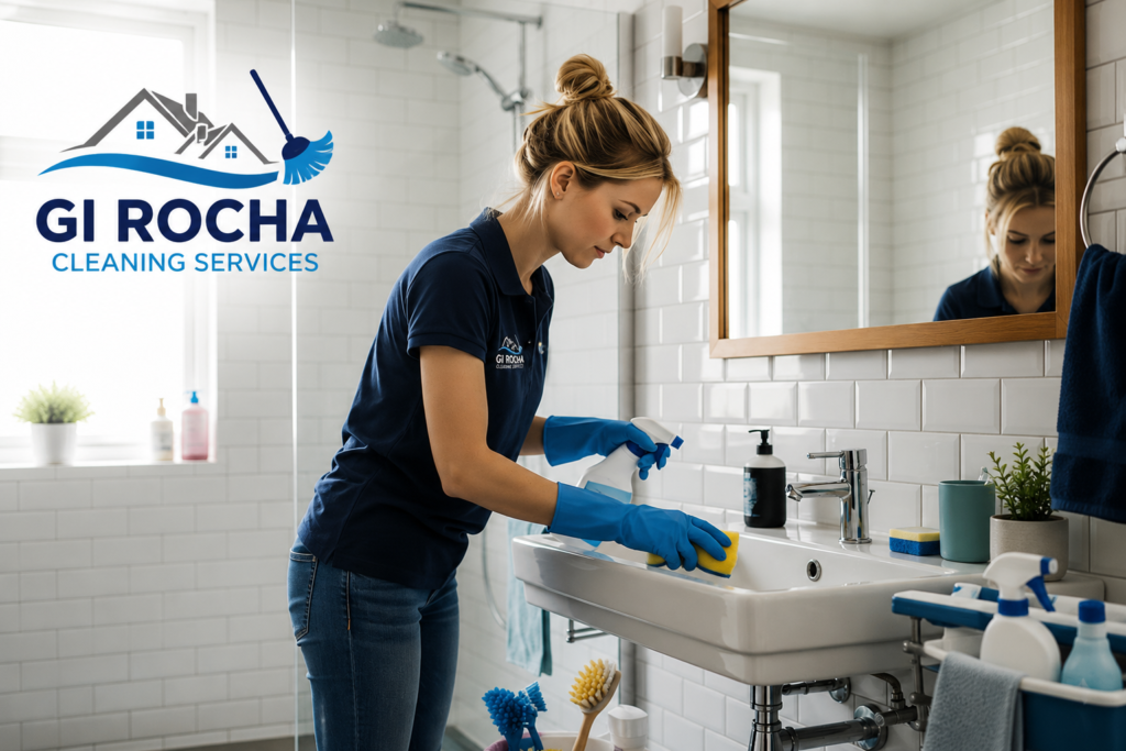 Professional cleaner from GI Rocha Cleaning Services sanitizing a bathroom sink and countertop in a modern residential bathroom while wearing a branded uniform and protective gloves.