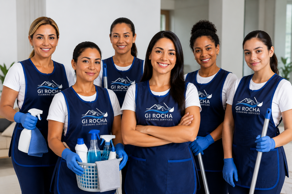 Professional cleaning team from GI Rocha Cleaning Services wearing branded uniforms and holding cleaning supplies, ready to deliver reliable residential cleaning services.