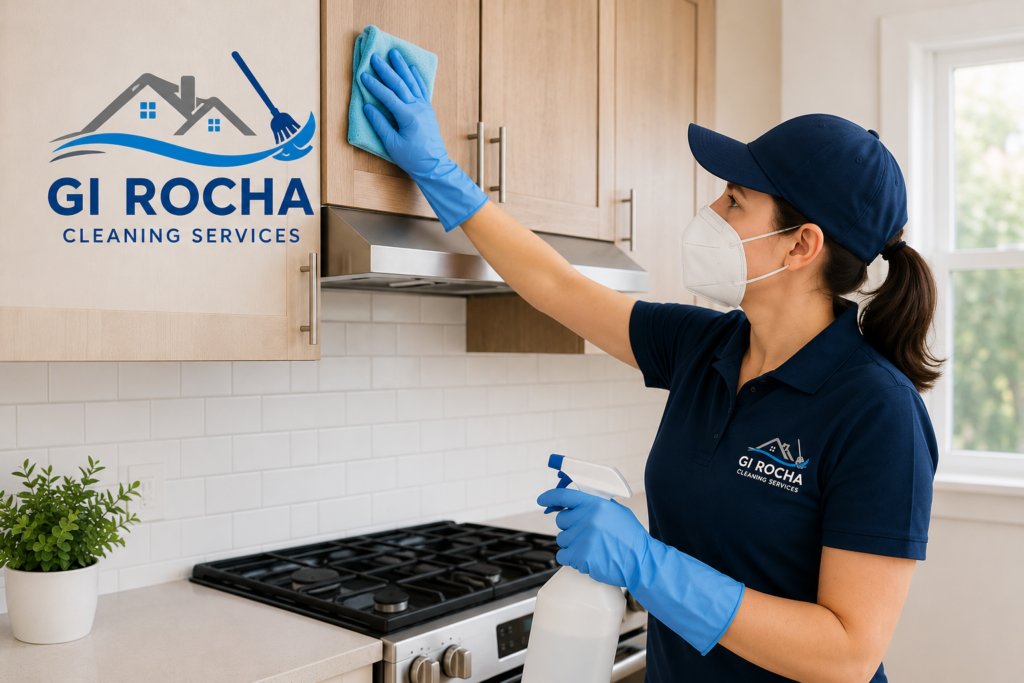 Professional cleaner from GI Rocha Cleaning Services disinfecting and cleaning kitchen cabinets in a modern residential kitchen while wearing a branded uniform and protective gloves.