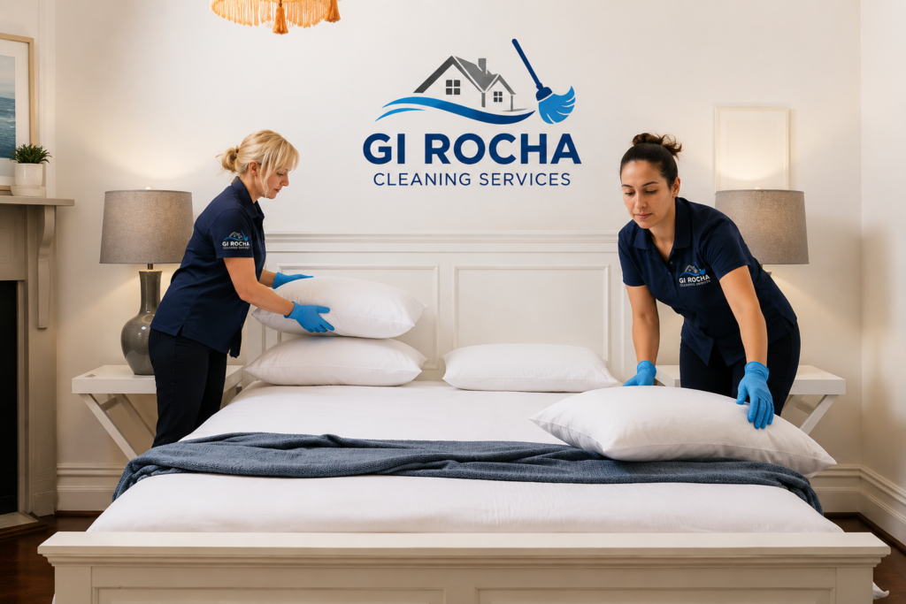 Two professional cleaners from GI Rocha Cleaning Services making a bed and arranging pillows in a clean, modern bedroom.
